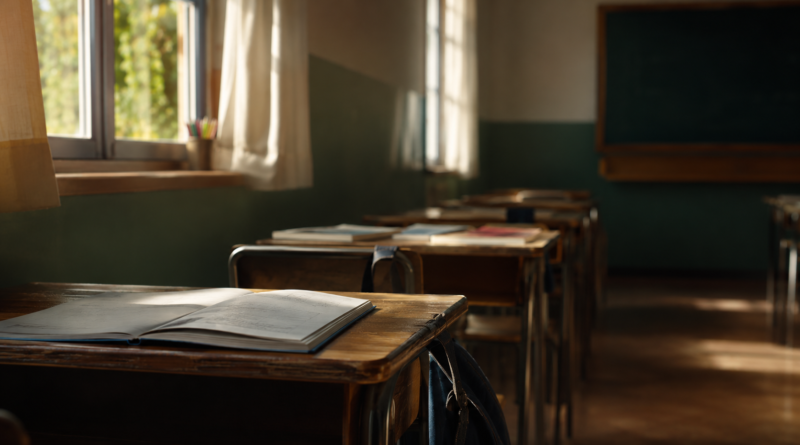 Déficit educativo en Argentina: aula vacía con pupitres