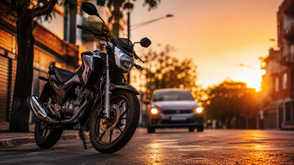Motos 0km en Argentina: una moto en la ciudad al atardecer