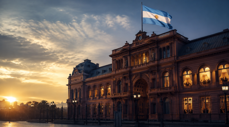 Santilli jefe de Gabinete: la Casa Rosada con la bandera argentina al atardecer
