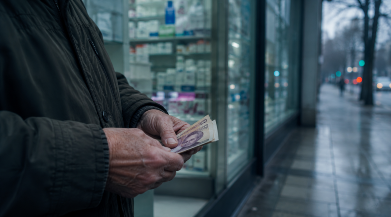 Aumento de jubilaciones: una persona mayor cuenta billetes frente a una farmacia