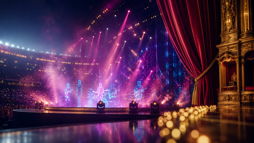 Agenda de espectáculos: escenario de recital con luces y telón de teatro clásico