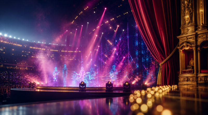 Agenda de espectáculos: escenario de recital con luces y telón de teatro clásico