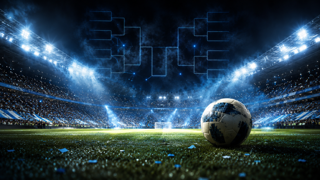 Mundial 2026 octavos: estadio iluminado con pelota y cuadro de llaves eliminatorias