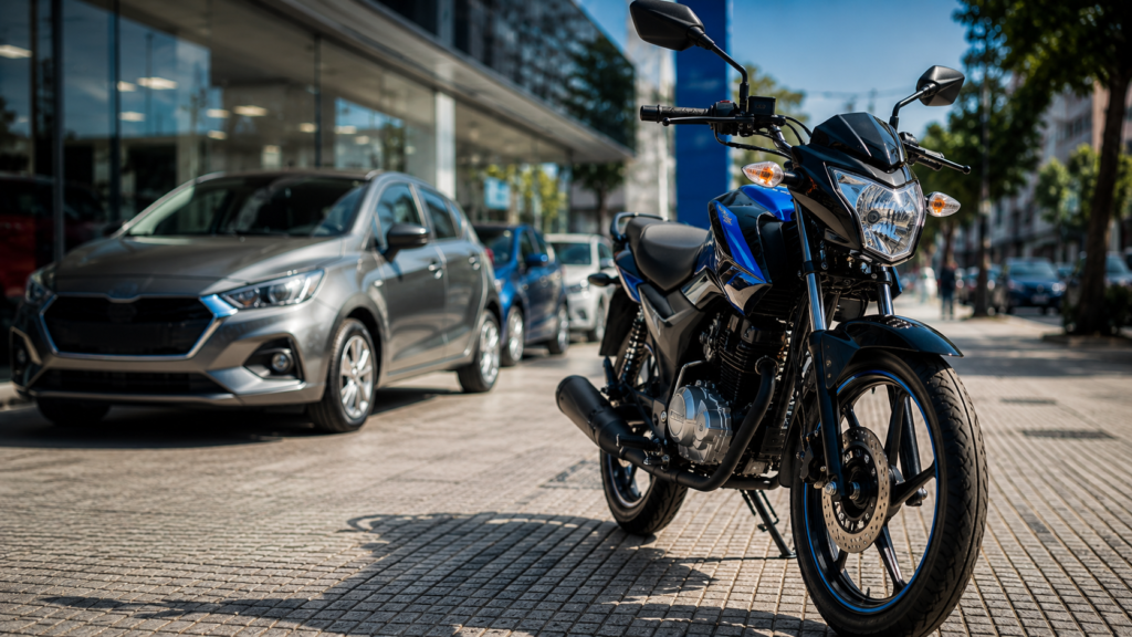 Motos 0km baratas: moto 0km frente a una concesionaria con autos en la ciudad