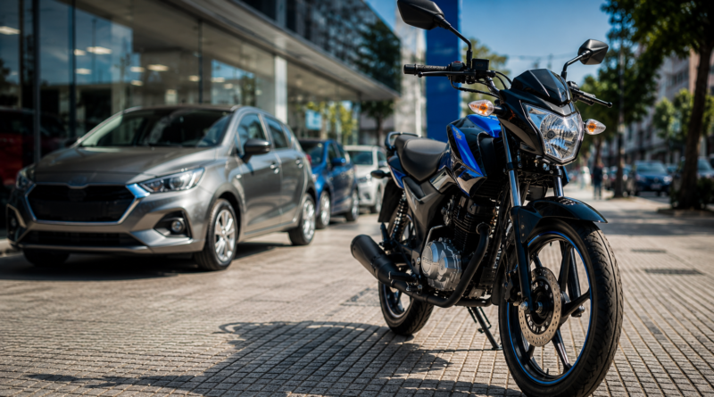 Motos 0km baratas: moto 0km frente a una concesionaria con autos en la ciudad