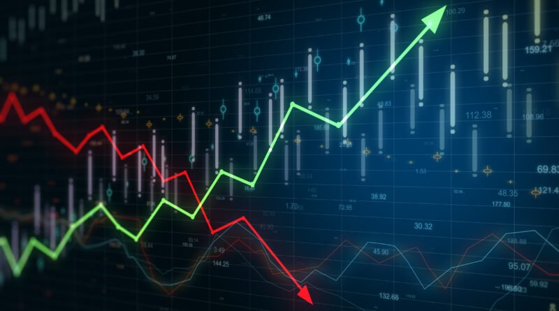 calificación de Moody's: gráfico financiero con flechas roja y verde en una pantalla de mercado