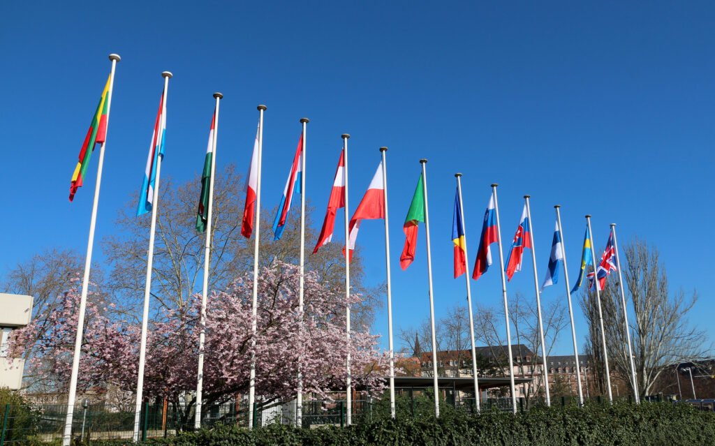 Banderas de países europeos alineadas, ilustran la cumbre de la OTAN y el apoyo a Ucrania