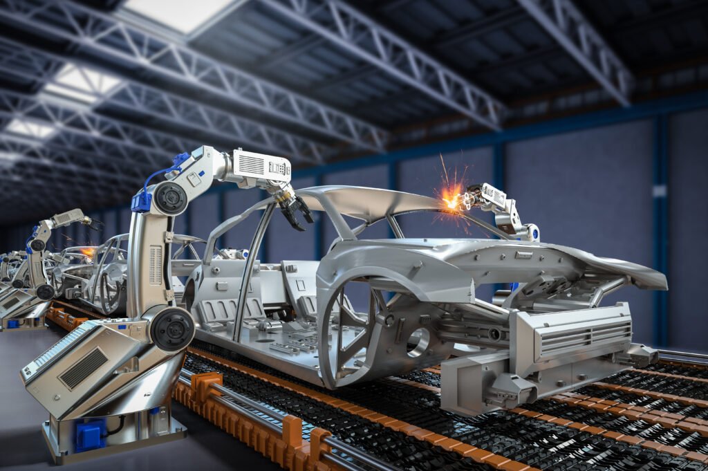 Industria automotriz: línea de montaje automotriz con robots