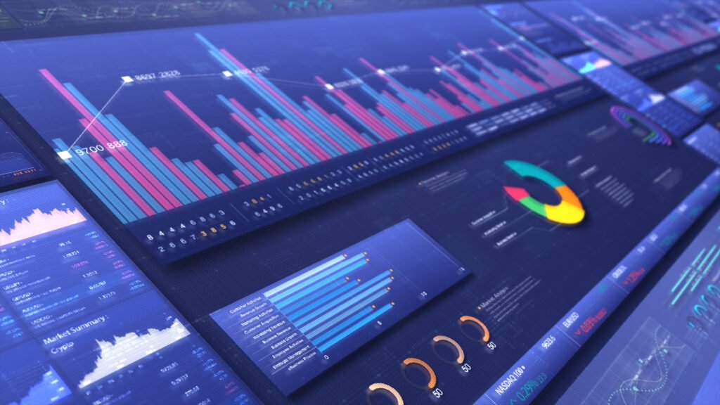 Pantalla con gráficos del mercado financiero, ilustra el riesgo país en mínimos de 8 años