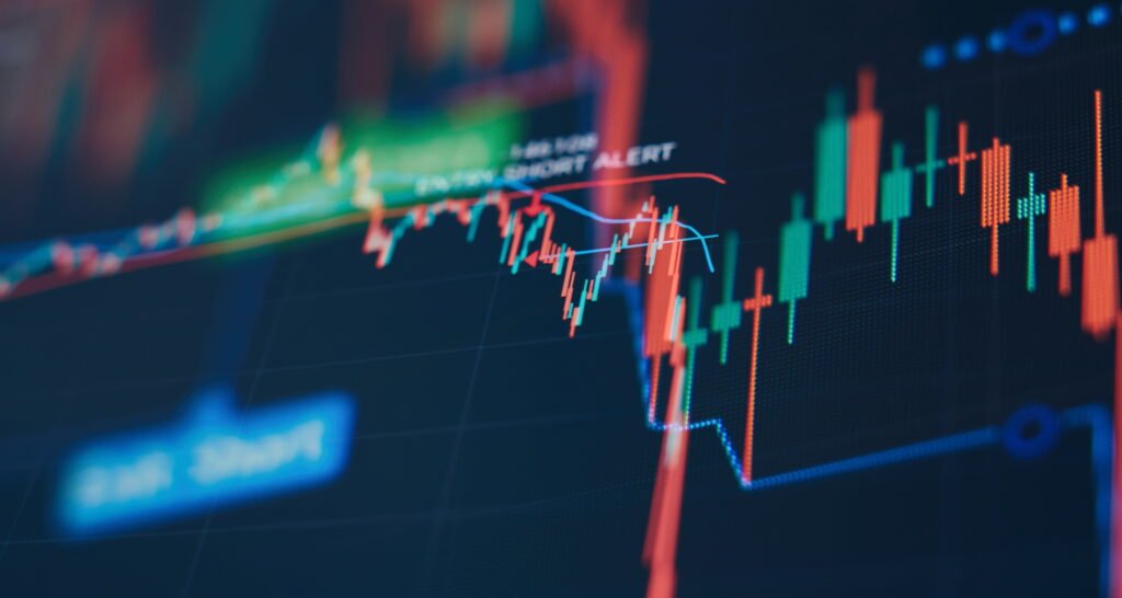 acciones argentinas: gráfico de velas verdes y rojas en una pantalla de mercado