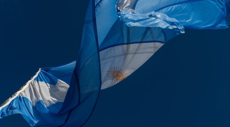campaña bonaerense: bandera argentina flameando contra el cielo azul