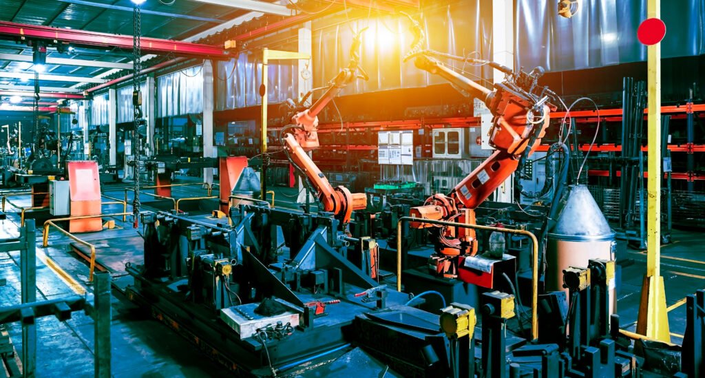 competitividad industrial: robot en una línea de montaje de una fábrica