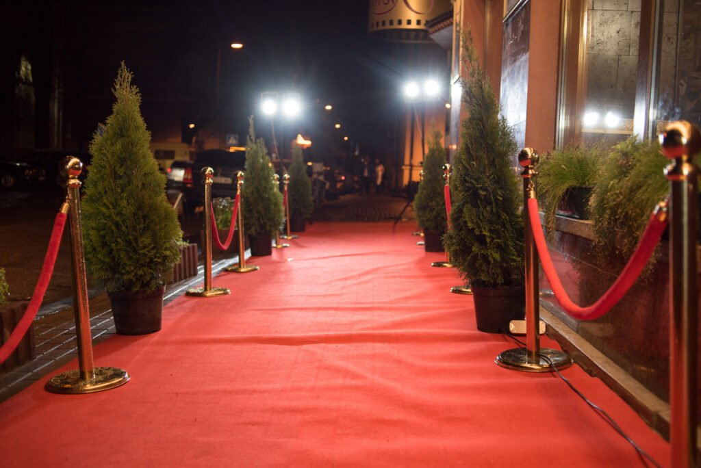 Eva Bargiela: alfombra roja con reflectores en la entrada de un evento