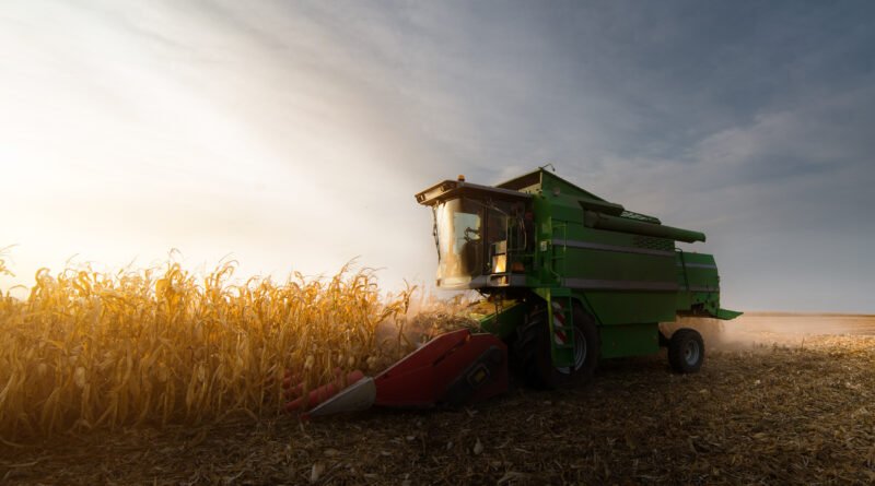 liquidación del agro: cosechadora trabajando en un campo de granos