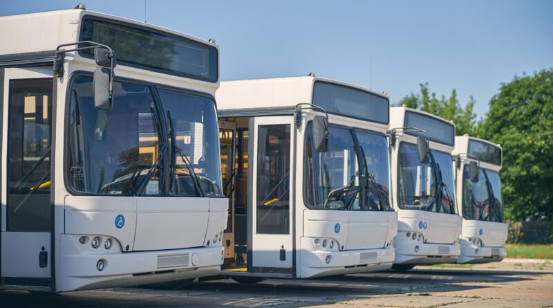 paro de colectivos: colectivos nuevos estacionados en fila en una terminal