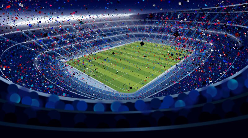 Selección Argentina: estadio de fútbol lleno de noche con confeti