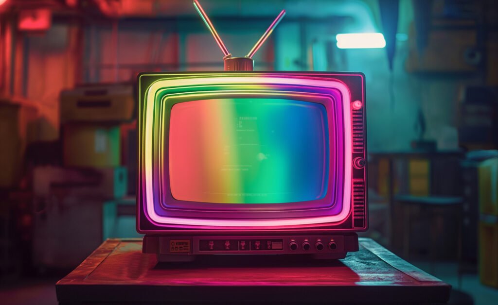 serie de Moria: televisor antiguo delineado con luces de neón