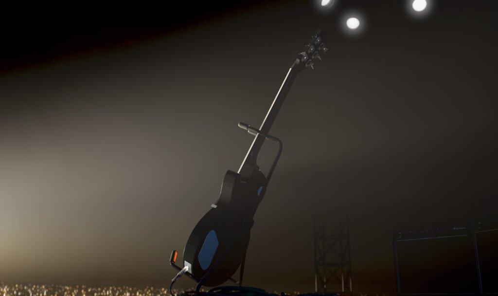 Serú Girán: guitarra eléctrica iluminada en un escenario de homenaje