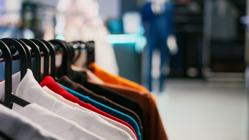 ventas minoristas: local de indumentaria con prendas colgadas y sin clientes