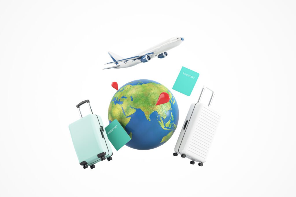 Feria Internacional de Turismo: globo terráqueo, valijas y avión de viaje