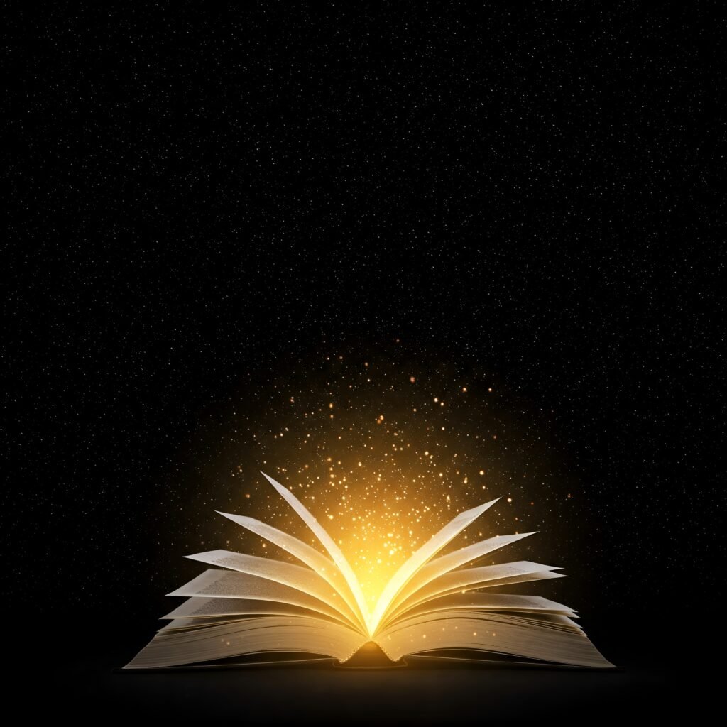 Las Trillizas de Oro: libro abierto que irradia una luz dorada mágica