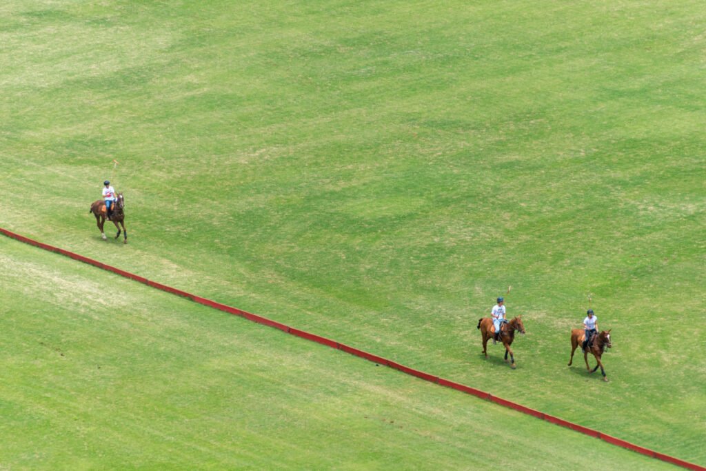 Chechu Bonelli: jugadores de polo a caballo en una cancha