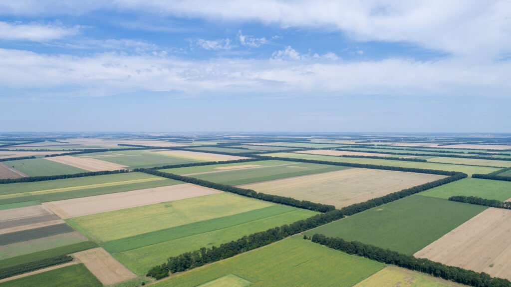 vista aérea de campos agrícolas, Ley de Tierras