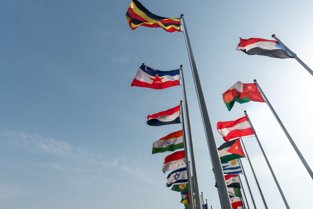 reunión Milei Landau: banderas de países en cooperación internacional